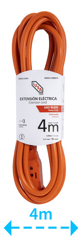 Extensión De Uso Rudo, Naranja, Clavija Recta, 4m, Iusa