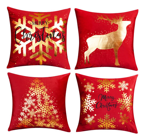 Fundas Cojines Navidad Color Rojo Con Diseño Dorados 18x18i