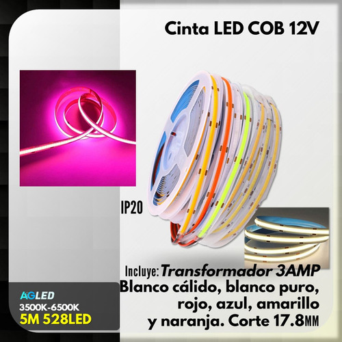 Cinta Led Cob Blanco Puro 5m 12v 528led Ip20 Adaptador 3amp