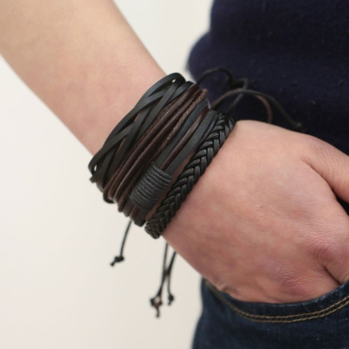 Pulsera Set Cuero Hombre Brazalete Manillas + Envio Gratis