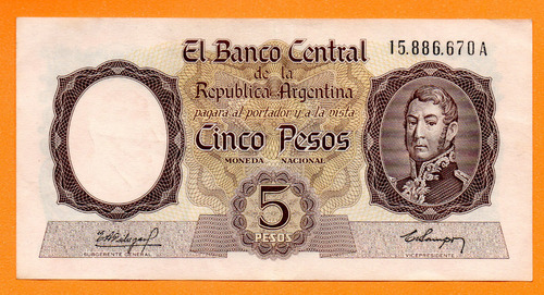Billete 5 Pesos Moneda Nacional, Bottero 1919, Año 1960 Mb +