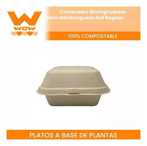 Contenedor Biodegradable Para Hamburguesa 6x6 Bagazo 200 Pzs Color Beige WOW BGBX.G26X6.NT Color Beige