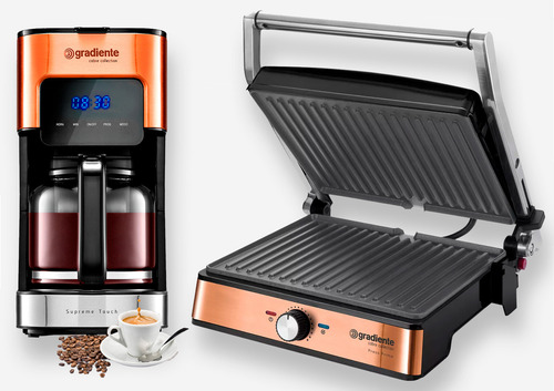 Kit Cozinha Sanduicheira Grill Prime Inox Com Cafeteira Eletrica Digital 15 Xicaras Aço Inox Gradiente 127v
