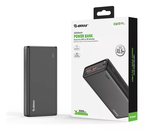 Power Bank 20000mah Pd 20w Qc 22.5w 3 Puertos Negro Esoulk