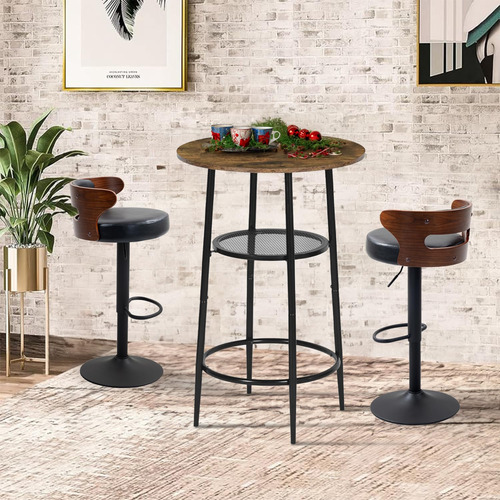 Mesa De Bar Moderna Redonda Doble Capa Metal Negro Madera