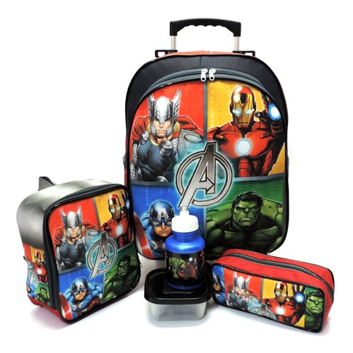 Imagem 1 de 10 de Kit Completo Mochila Infantil Vingadores Herois Rodinhas E Alças Tam G + Lancheira Termica F5