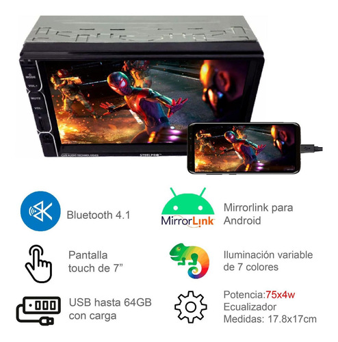 Imagen 2 de 5 de Autoestereo Steelpro Carbon-72mp Bluetooth Mirror Link Camar