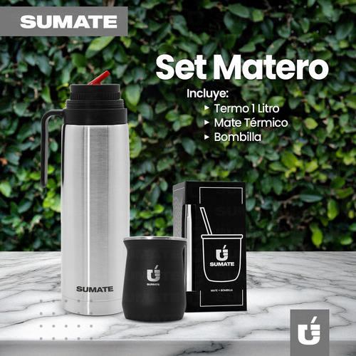 Equipo Matero Sumate Termo Mate Y Bombilla Acero Inoxidable Color Plateado