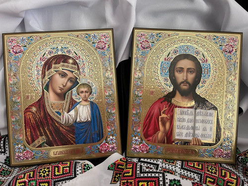 Icones De Casamento Virgem De Kazan Com Cristo Pantocrator Dourado-escuro Dourado