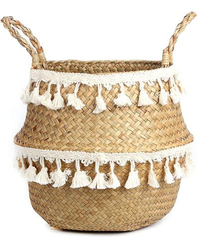Cesto De Mimbre Tejido A Mano Con Borlas De Macramé Para Alm