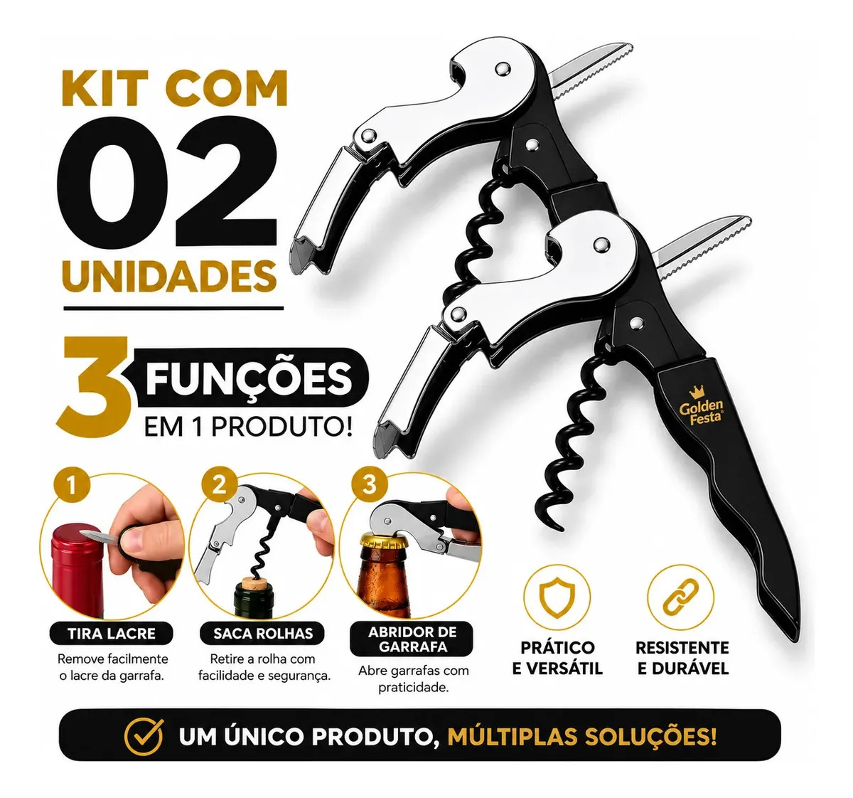 Saca Rolhas Vinho Abridor De Garrafas Profissional Inox Kit 2 Unidades Preto Vinho Cerveja Garçom 3 Em 1 Resistente Prático Portátil Bar Restaurante Cozinha Garçom Tira Lacre e Abr