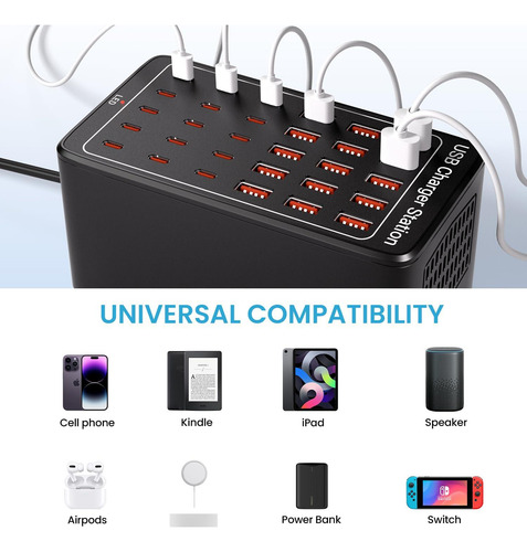 Estación Carga Usb C 150w, 30 Puertos Para Múltiples Disposi
