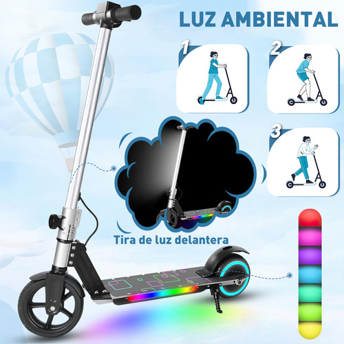 Scooter Eléctrico Para Niños Luz Led 250w-24v y 5.2 Ah , Velocidad Máxima De 20 Km/h, Para 6-13 Años , Peso Máximo 70 Kg De Conducción Plegable Color Gris Patin Electrico