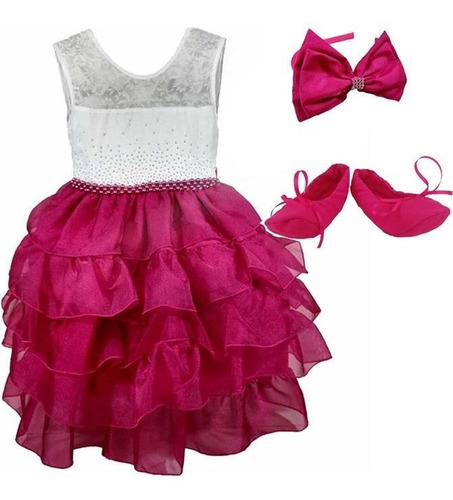 Vestido Infanto Juvenil 4/16 Anos Rosa C/ Sapatilha E Tiara