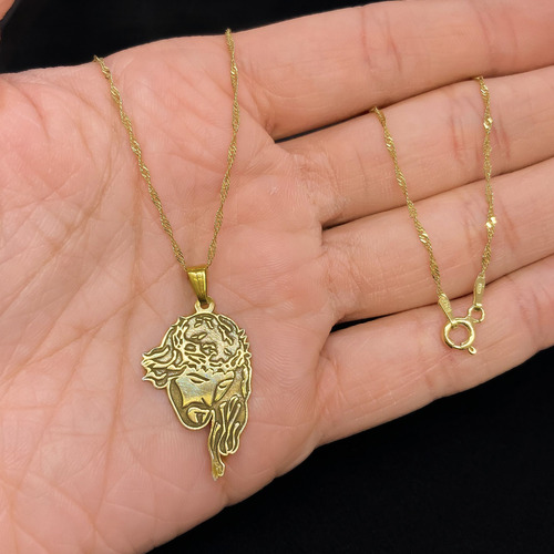 Cadena Y Dije Cara Jesús Corona Espinas Oro 18k Amarillo 55 Cm