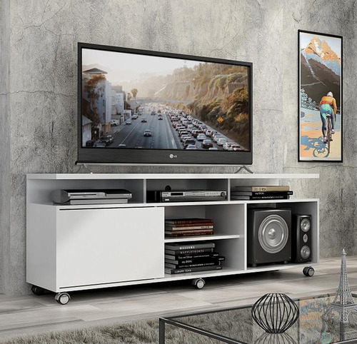 Rack Leblon 1,60m Branco Com Rodinhas P/ Tv 55 Polegadas