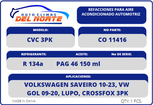 Compresor A/c Automotriz Crossfox 05-17 1.6l Saveiro 10-23