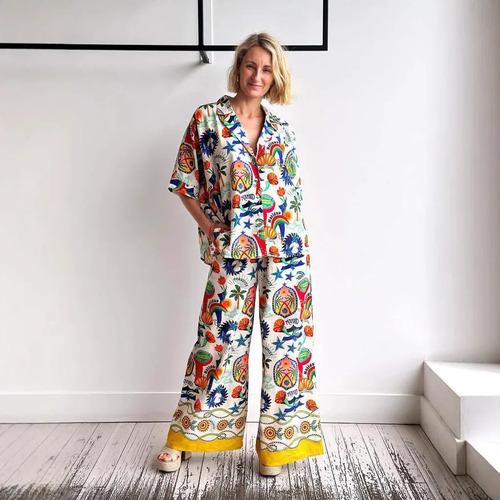 Traje De Lino Filiduo Con Estampado De Plantas Y Flores, Oto