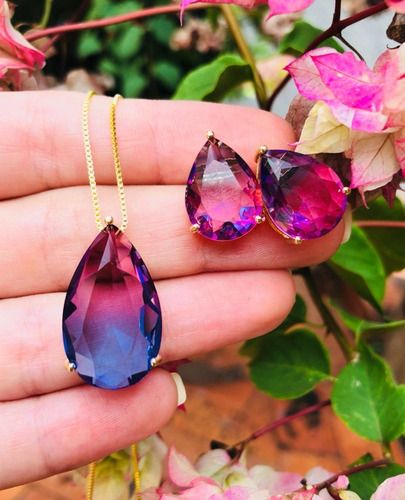 Colar Luxo Pedra Bicolor C/ Brincos Folheados À Ouro 18k