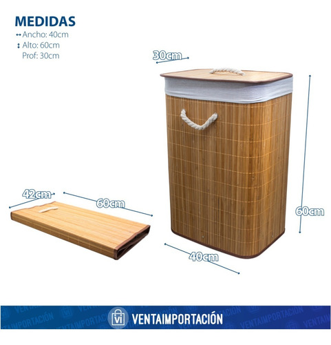 Imagen 5 de 7 de Cesto De Ropa Plegable Bambu Cestos Organizador + Tapa