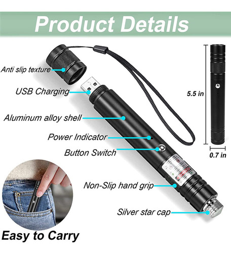 Puntero Verde De Alta Potencia, Recargable, Carga Usb