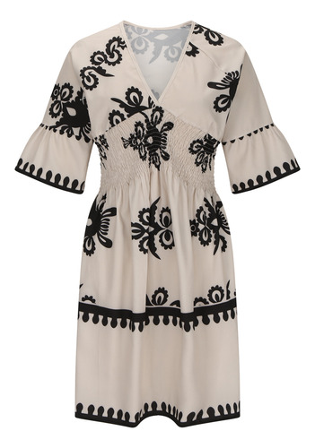 Vestido Feminino Estampado Com Gola 3/4 Na Metade Da Panturr