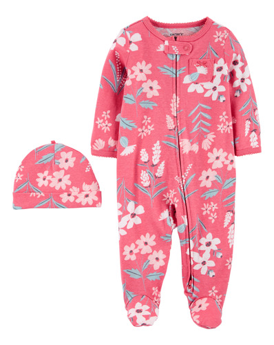 Pijama De Algodón Con Pies Y Gorro Diseño Floral Carters 1