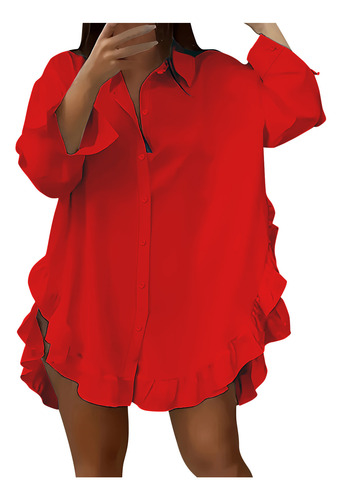 Camisa De Mujer Con Solapa Y Dobladillo Holgado Con Volantes