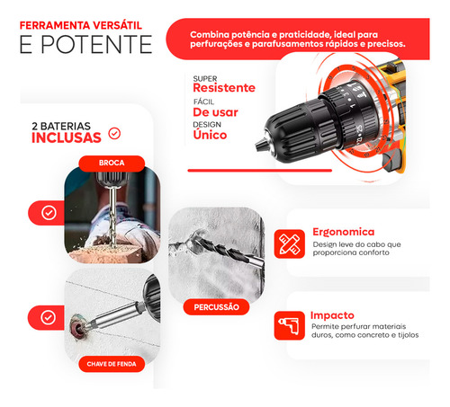 Parafusadeira Furadeira De Impacto Profissional Com 21v Com Maleta E 2 Baterias 127/220v 60hz Amarelo E Preto