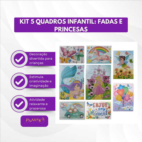 Kit 5 Quadros Pintura 5d Diamante Infantil Princesa Fada