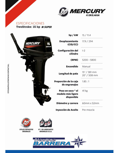 Motor Fuera De Borda Mercury 15 Hp 2 Tiempos Pata Corta