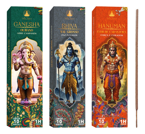 Kit Incenso Vila Zen 3 Aromas Deuses Shiva Ganesha Hanuman Fragrância Kit Com 3 Aromas