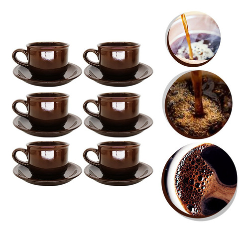 Imagem 5 de 7 de Xicara De Cafe Chá Ceramica Marrom 12pçs Com Pires