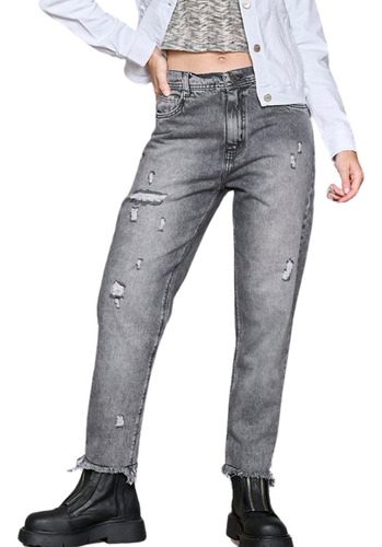 Jeans Mom Boyfriend Gris Cenitho Mujer Roto Fleco Tiro Alto