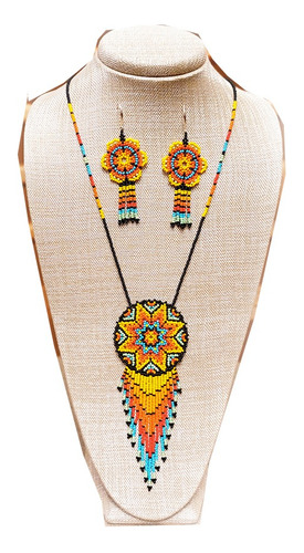 Collares Mujer + Aretes Mostacilla Mandala Estrella Amarilla