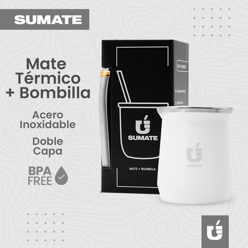 Mate Termico Sumate Acero Inoxidable Mas Bombilla Premium Color King | Blanco