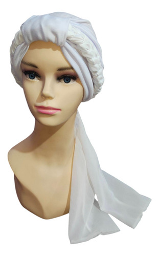 Turbante Gorro Mujer Con Trenza De Shiffon Color Blanco Liso