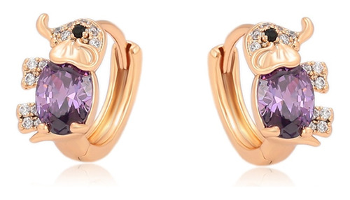 Aretes Elefante Swarovski Morado Cristal Huggies Oro 18k Lam