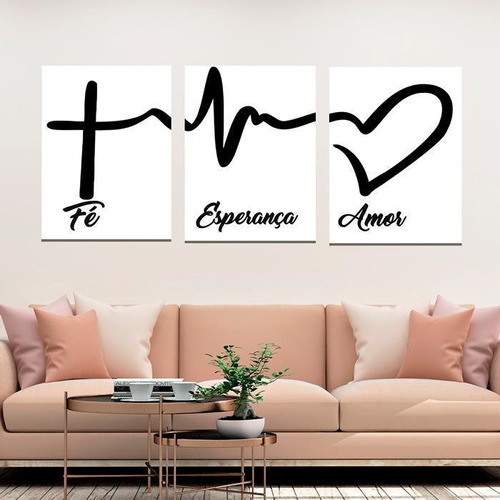 Conjunto 3 Telas Quadro Decorativo Fé Esperança Amor Branco