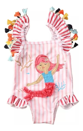 Traje De Baño Para Niñas Con Diseño De Sirena A Rayas Niña