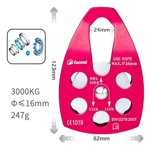 30kn Polea Encaja Para 16mm Cuerda De Escalada Aparejo Rojo