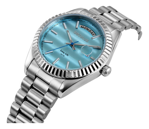 Relogio Seculus Feminino Long Life Social Azul 77323l0svna2 Correia Prateado Bisel Prateado Fundo Azul-celeste