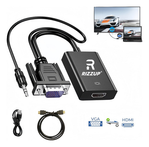 Rizzup® Cable Conversor Vga Macho A Hdmi Hembra Hd Adaptador + Audio Con 1m Hdmi Cable Conectores Roku Vga