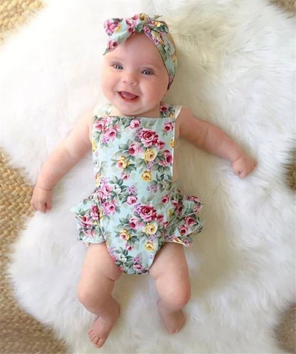 Vestido Romper Jumpsuit Flores+ Bandita Para Bebe Niña 2pz