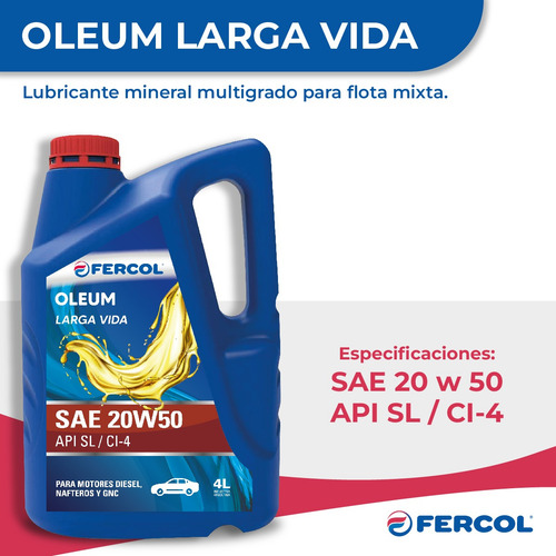 Aceite Multigrado 20w50 Oleum Larga Vida Fercol Bidon 4 Lt