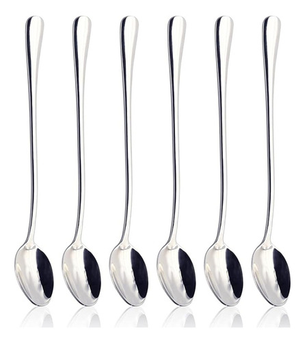 Juego De 6 Cucharas De Mango Largo Para Postres Bebidas Plateado