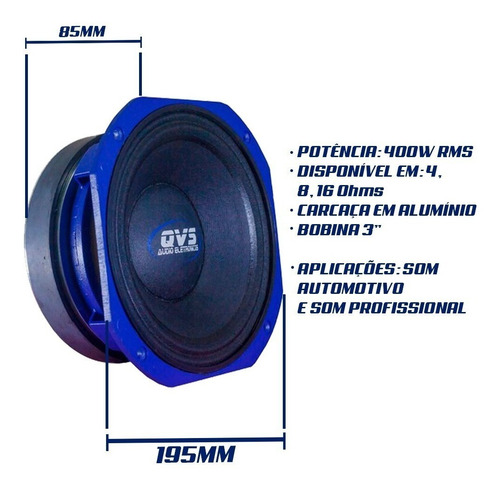 Imagem 4 de 6 de Kit 2 Alto Falante Qvs 8 Polegadas 400rms Medio Grave Medio