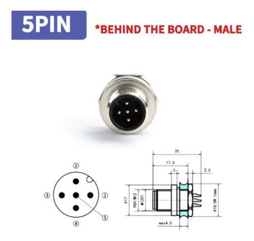 Conector Sensores M12 5 Polos Macho Para Tablero Plateado