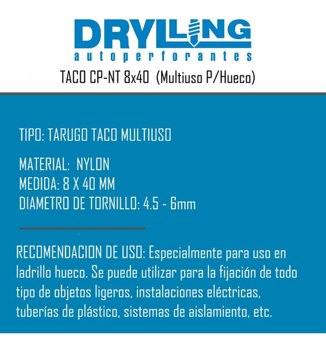 Tarugo Multiuso Ladrillo Hueco N°8 C/ Tope Bolsa X 1000