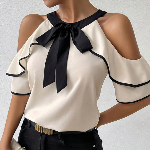 N Camisa De Manga Corta De Doble Capa Para Mujer Con Cuello